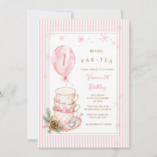 Rosa Winter-Teeparty Erste Geburtstagsfeier Schnee Einladung