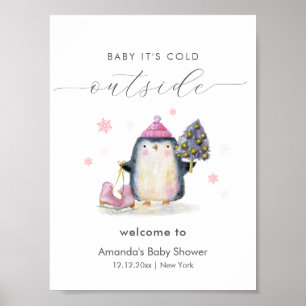 Rosa Winter-Wald-Pinguin-Baby-Shower-Willkommen Poster