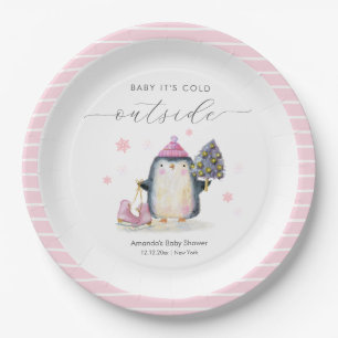 Rosa Winter-Wald-Skate-Pinguin-Baby-Party Pappteller