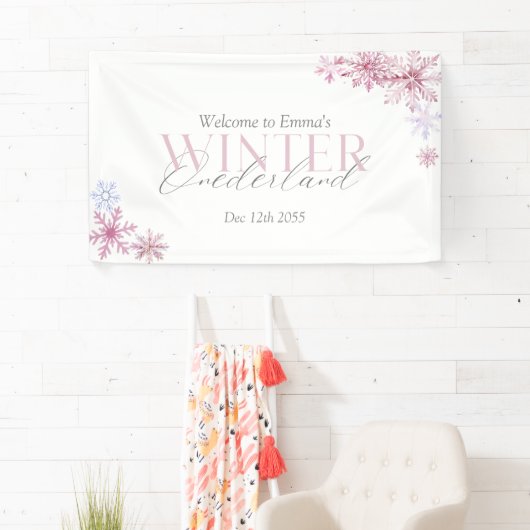 Rosa Winter Wonderland Schneeflocke Erste Geburtst Banner (Insitu)