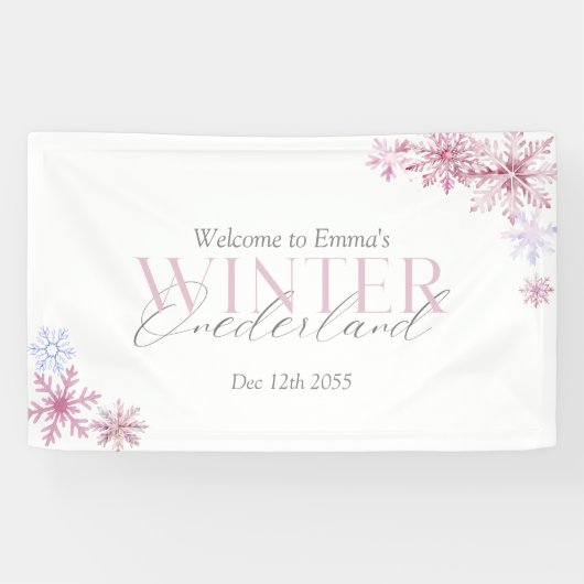 Rosa Winter Wonderland Schneeflocke Erste Geburtst Banner (Horizontal)