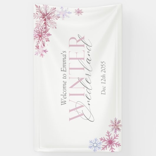 Rosa Winter Wonderland Schneeflocke Erste Geburtst Banner (Vertikal)