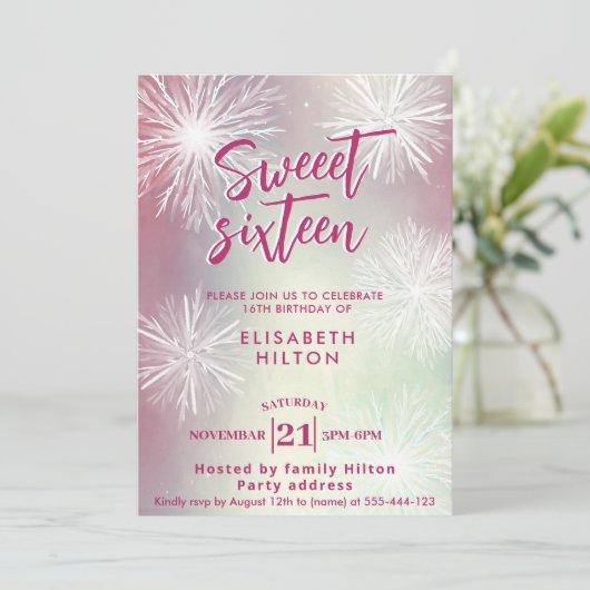 Rosa Winter Wunderland Aquarellschneeflocken Einladung (Stehend Vorderseite)