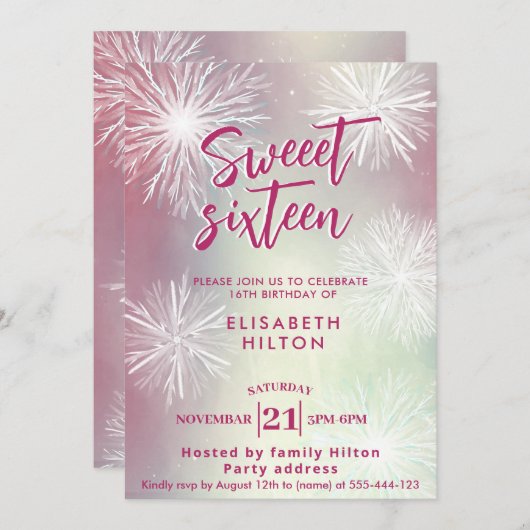 Rosa Winter Wunderland Aquarellschneeflocken Einladung (Vorne/Hinten)