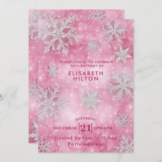 Rosa Winter Wunderland Schneeflocken Kleid süß 16 Einladung (Vorne/Hinten)