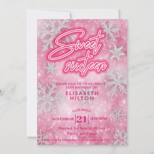 Rosa Winter Wunderland Schneeflocken süß 16 Einladung (Vorderseite)