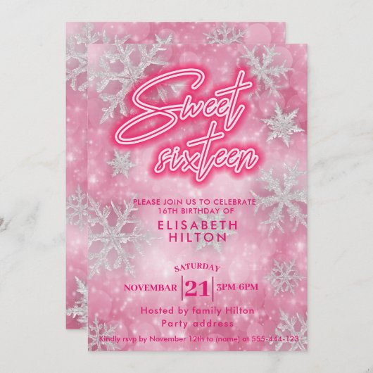 Rosa Winter Wunderland Schneeflocken süß 16 Einladung (Vorne/Hinten)