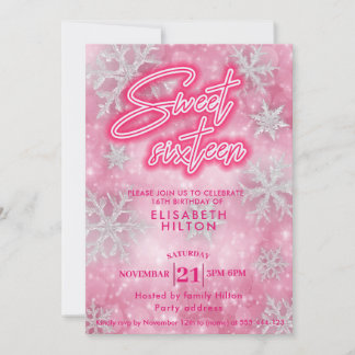 Rosa Winter Wunderland Schneeflocken süß 16 Einladung