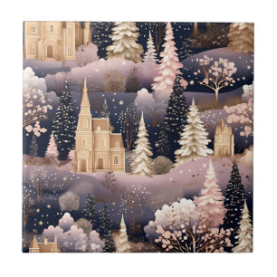 Rosa Winterhirsch Fantasy-Schloss Landschaft (3) Fliese