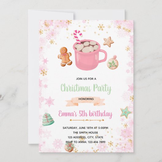 Rosa Winterkekse und Kakao laden ein Einladung (Vorderseite)