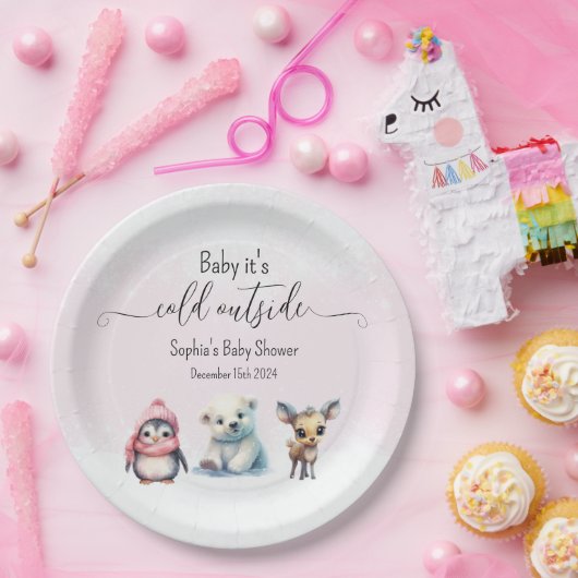 Rosa Wintertiere kalt Außendusche Pappteller (Party)