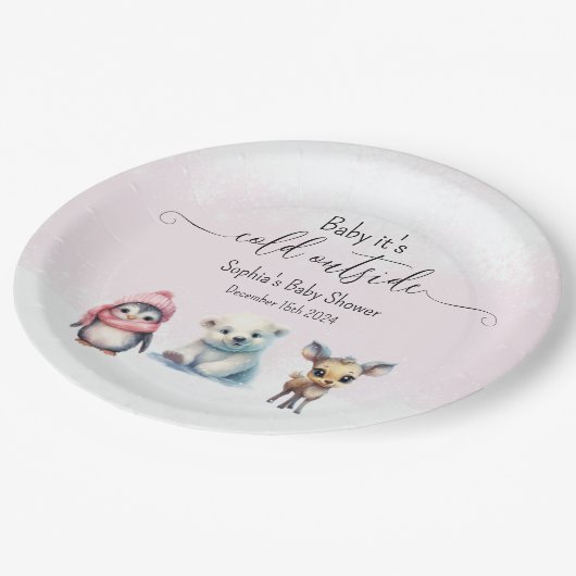 Rosa Wintertiere kalt Außendusche Pappteller (Schrägansicht)