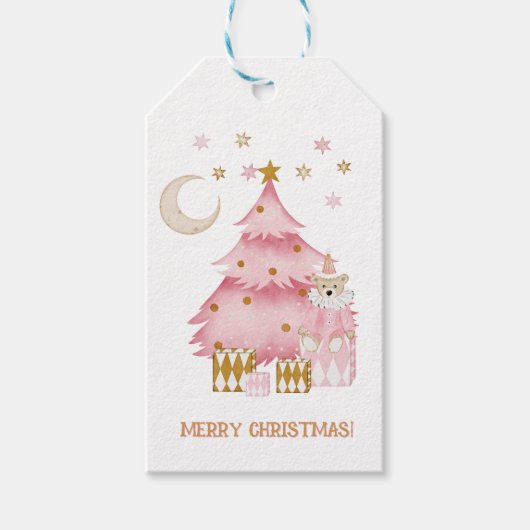 Rosa Winterurlaub Süßwarenbär Geschenkanhänger (Vorderseite)