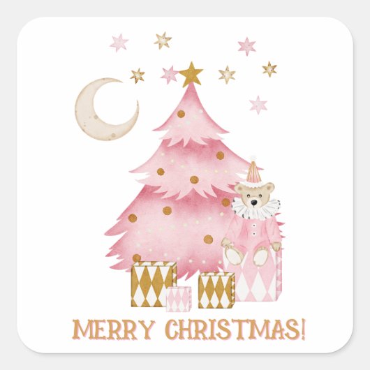 Rosa Winterurlaub Süßwarenbär Quadratischer Aufkleber (Vorderseite)