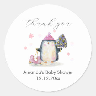 Rosa Winterwald Skate Pinguin Baby Shower  Runder Aufkleber