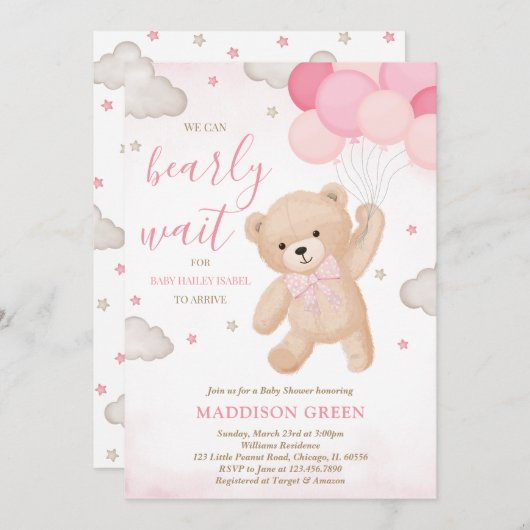 Rosa Wir können frühzeitig abwarten Babydusche Einladung (Vorne/Hinten)