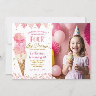 Rosa Wir schrecken vier Eis Creme 4. Geburtstag Fo Einladung