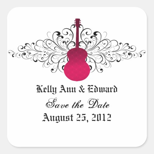 Rosa Wirbel Gitarre Save the Date Stickers (Vorderseite)