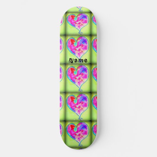 Rosa Wirble Herzen grün Skateboard (Vorderseite)