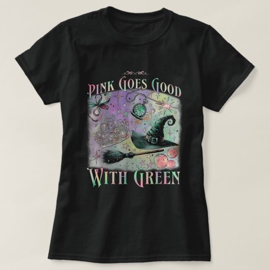 Rosa wird gut mit grüner Halloween-Hexe T-Shirt (Design vorne)