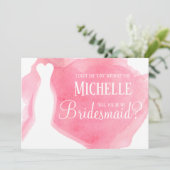 Rosa wirst du meine Bridesmaid sein? Gown Watercol Einladung (Stehend Vorderseite)