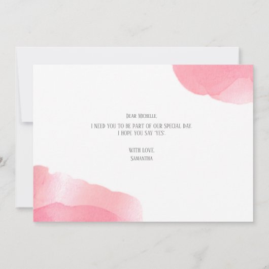 Rosa wirst du meine Bridesmaid sein? Gown Watercol Einladung (Rückseite)