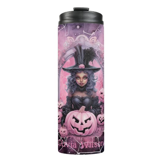 Rosa Witchy Spinnennetze Halloween Personalisiert Thermosbecher (Vorderseite)