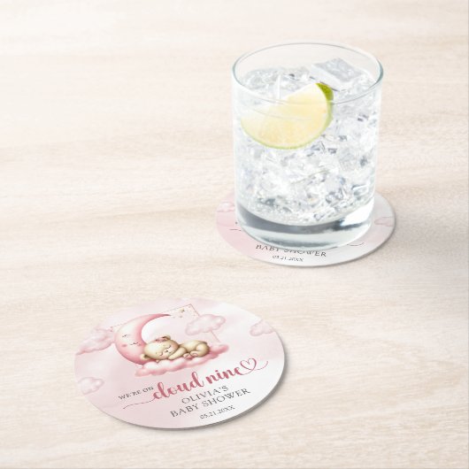 Rosa Wolke 9 Teddybär Mädchen Dusche Runder Pappuntersetzer (Vor Ort)