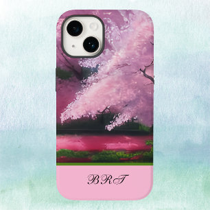 Rosa Wolke aus Sakura-Kirschblüten mit Initialen iPhone 14 Hülle