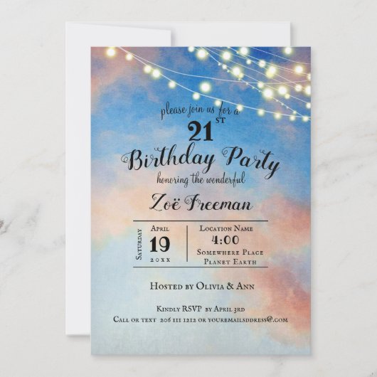 Rosa Wolken in Sky | Blue 21. Geburtstag Einladung (Vorderseite)