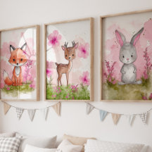 Rosa Woodland Kinderzimmer Kunst Set drucken