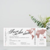 Rosa World Map Boarding Pass Save the Date Karte (Stehend Vorderseite)