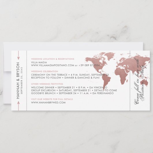 Rosa World Map Boarding Pass Save the Date Karte (Rückseite)