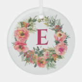 Rosa Wreath Rote Monogram Botanische Weihnachten Ornament Aus Glas (Vorderseite)
