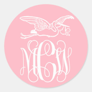 Rosa Wt Weinrebe Monogramm-Schrift Storch Neue Bab Runder Aufkleber
