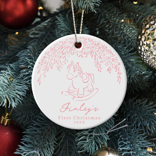 Rosa wunderlicher Schaukelpferd Baby's 1. Weihnach Keramik Ornament