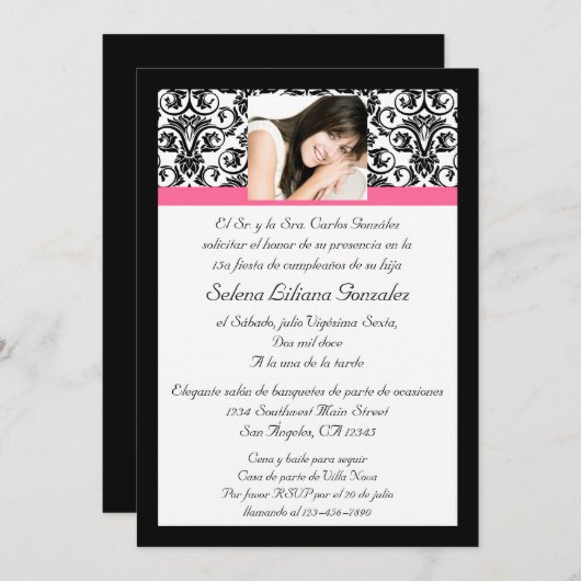 Rosa y negro del Damasco de Quinceanera Fushcia Einladung (Vorne/Hinten)