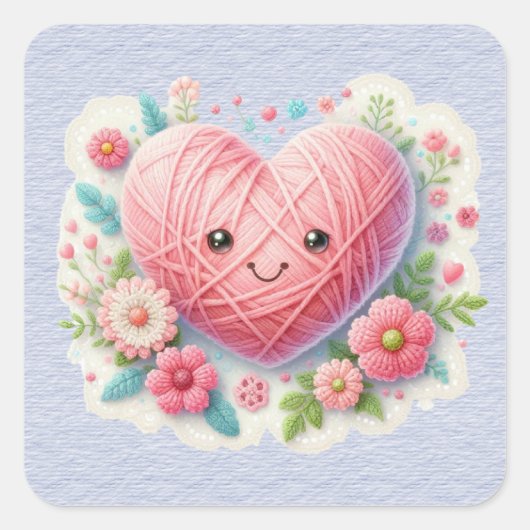 Rosa Yarn Face Valentine Herz Quadratischer Aufkleber (Vorderseite)