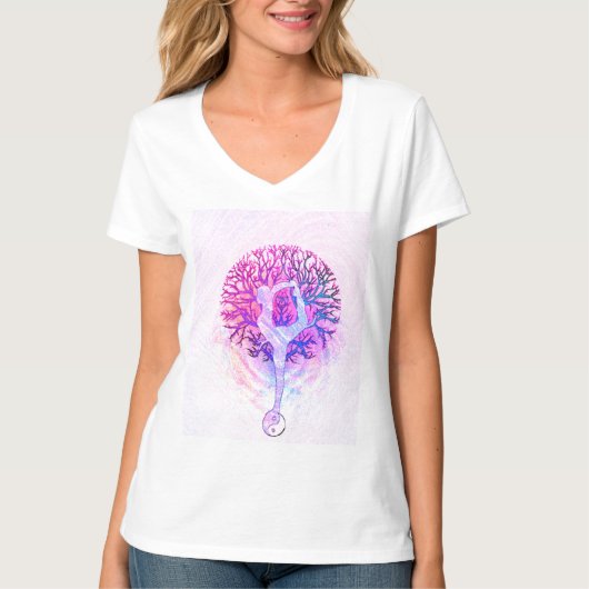 Rosa Yoga-Baum-Frau in den Pastellfarben T-Shirt (Vorderseite)