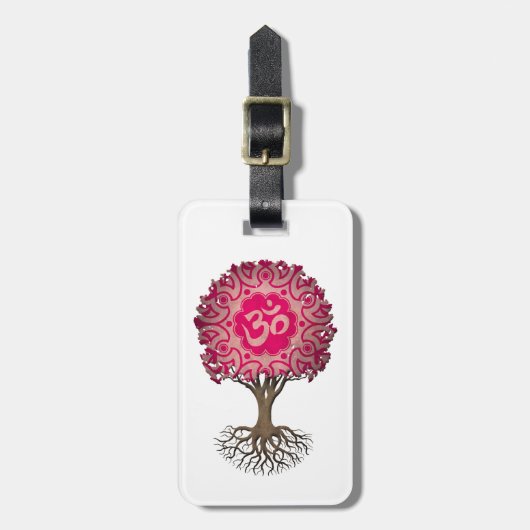 Rosa Yoga-OM-Baum des Lebens Gepäckanhänger (Vorderseite vertikal)