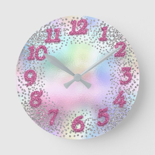 Rosa Zahlen Unicorn Glitzer Holograph Runde Wanduhr (Vorderseite)