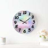 Rosa Zahlen Unicorn Glitzer Holograph Schwarz Große Wanduhr (Zuhause)