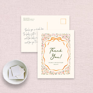 Rosa zarte Blumen und orange Schleife Danke Postkarte