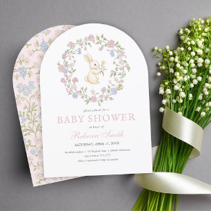 Rosa zarte Vintage-Blumen-Häschen-Baby-Party Einladung