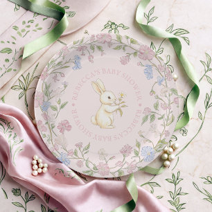 Rosa zartes Vintage-Blumen-Hasen-Baby-Shower Pappteller