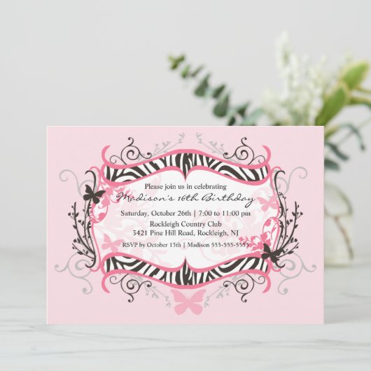 Rosa Zebra 16 . Geburtstag Geburtstag Einladung (Stehend Vorderseite)