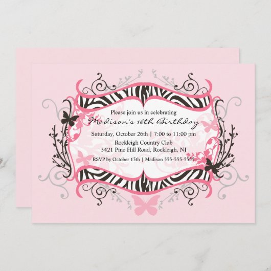 Rosa Zebra 16 . Geburtstag Geburtstag Einladung (Vorne/Hinten)