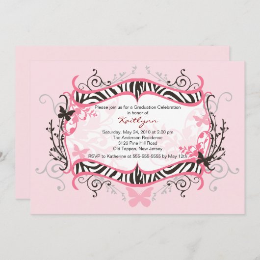 Rosa Zebra Abschluss Einladung (Vorne/Hinten)