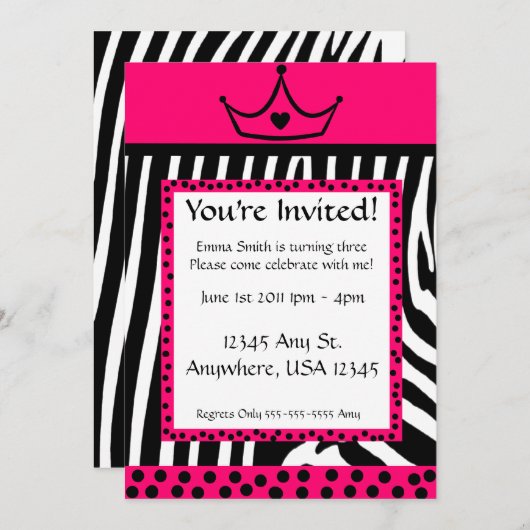 Rosa Zebra Diva Geburtstag Einladung (Vorne/Hinten)