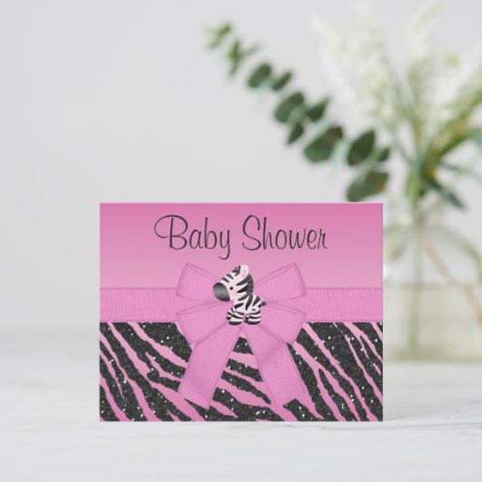 Rosa Zebra Druckbogen-u. Glitzer-Blick-Baby-Dusche Einladung (Stehend Vorderseite)